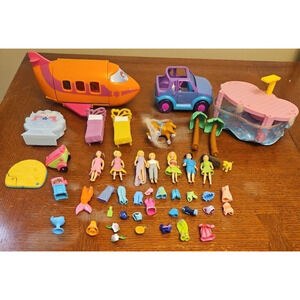 Polly Pocket Lot of 45 Dolls Accessories Plane Car Pool Bed Beach Dog Horse 2001
